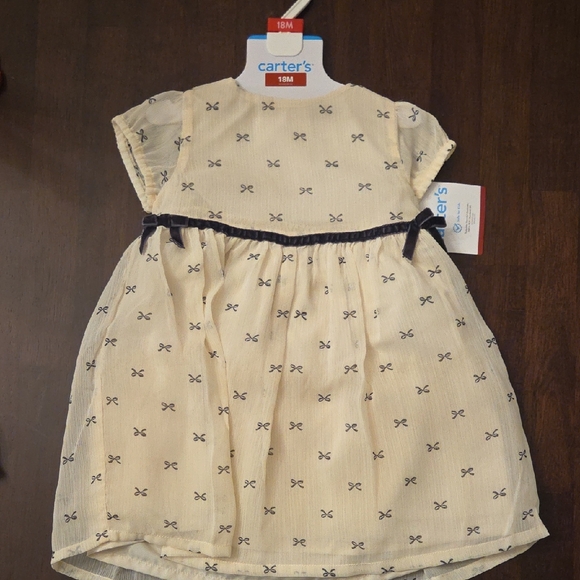 New Carter's Beige Dress with Dark Blue Bow Pattern - Picture 4 of 12